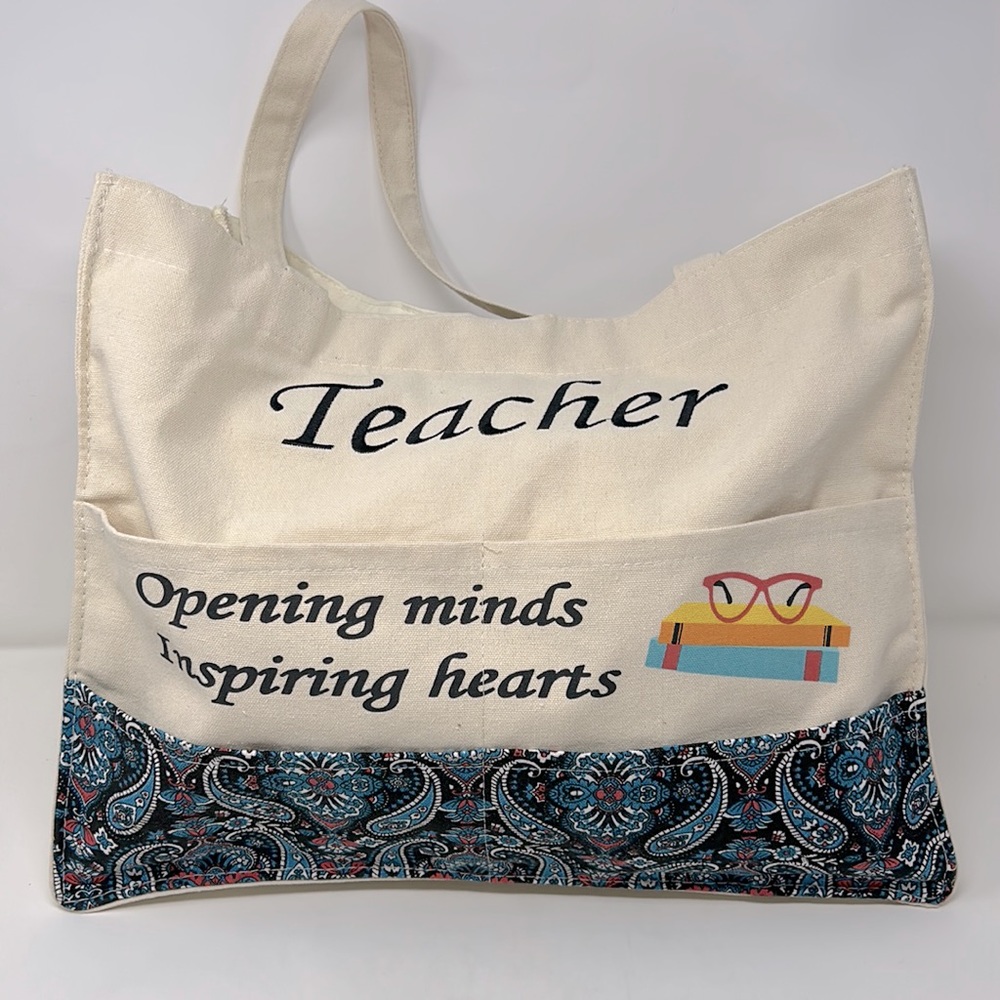 Teacher Opening Minds Inspiring Hearts Large Canvas Tote Bag Excellent Condition